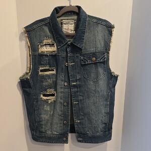 NATION LTD Men's Distressed Denim Vest in Dark Blue